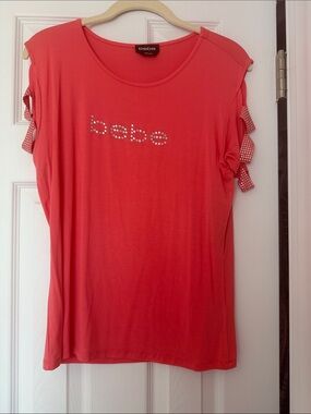 NEW bebe Coral Rhinestone Logo Short Sleeve Top with Sleeve Ties